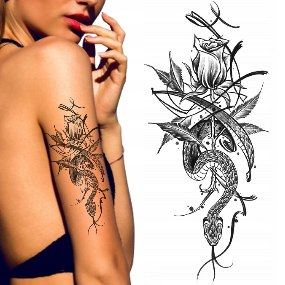 TATUAŻE ZMYWALNE TATUAŻ TYMCZASOWY WODNY WĄŻ RÓŻA KOLCE RÓŻYCZKA