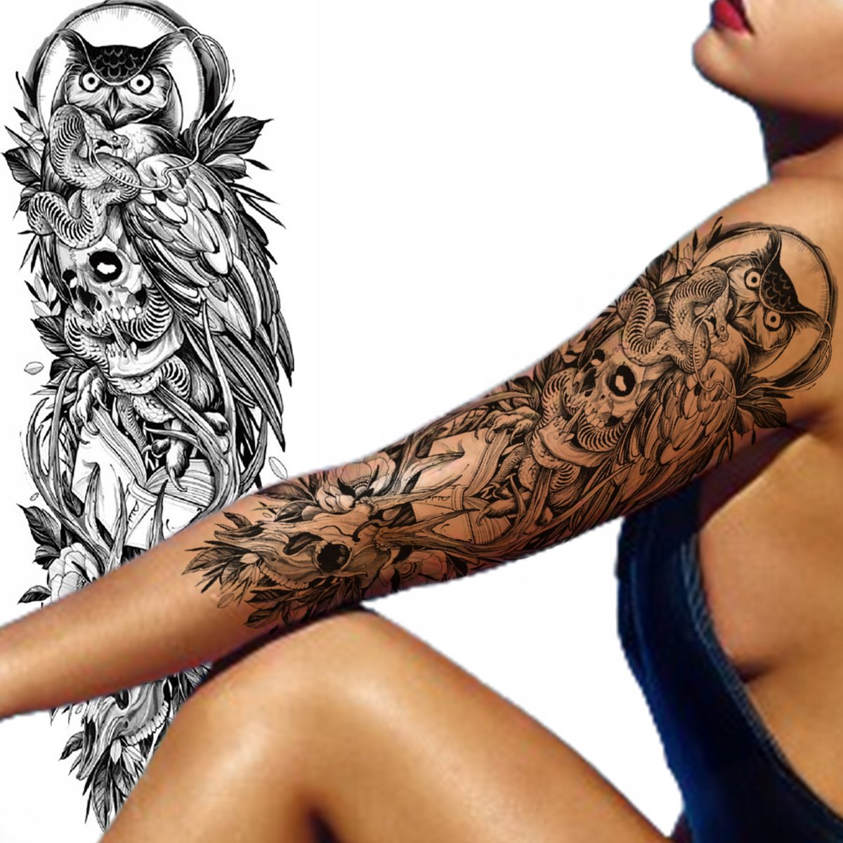 TYMCZASOWY TATUAŻ ZMYWALNY RĘKAW CZASZKA WĄŻ SOWA ZWIERZĘTA WODNY