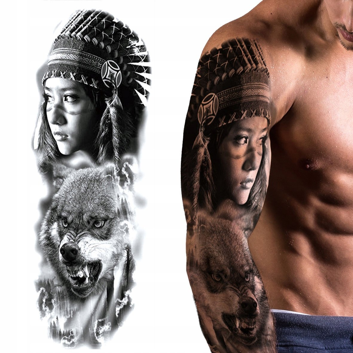 TATUAŻ TYMCZASOWY PROBNY WILK LAS INDIANKA WZÓR NA NOGĘ UDO RĘKAW DUŻY WZÓR