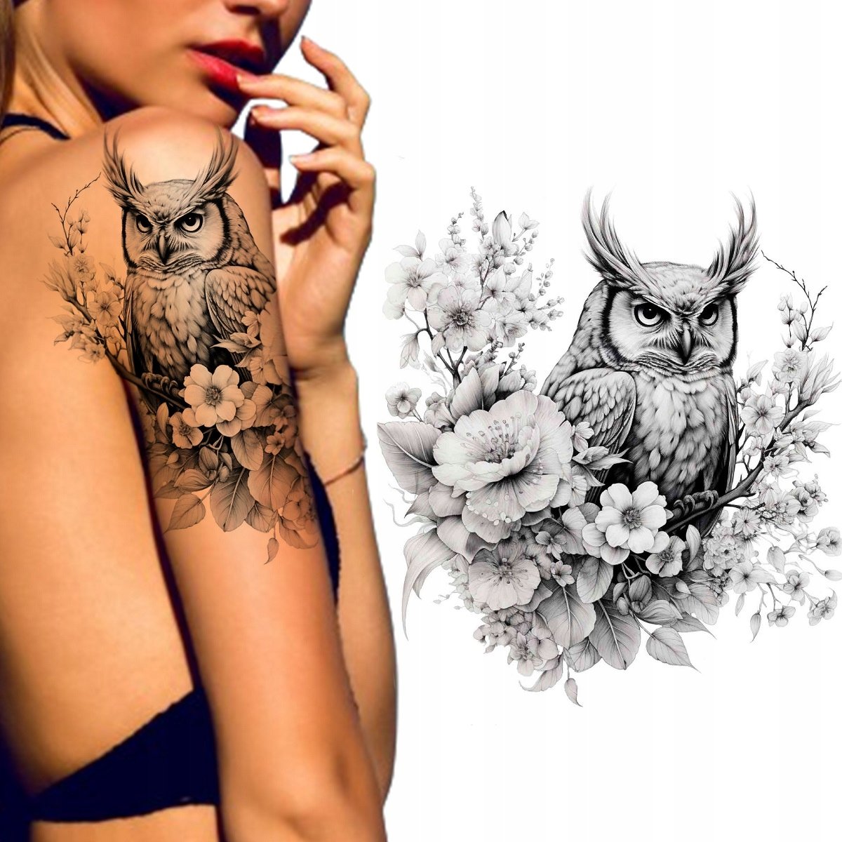 TATUAZ ZMYWALNY TYMCZASOWY SOWA LAS KWIATY TATUAZE WZORY NA RAMIĘ PLECY