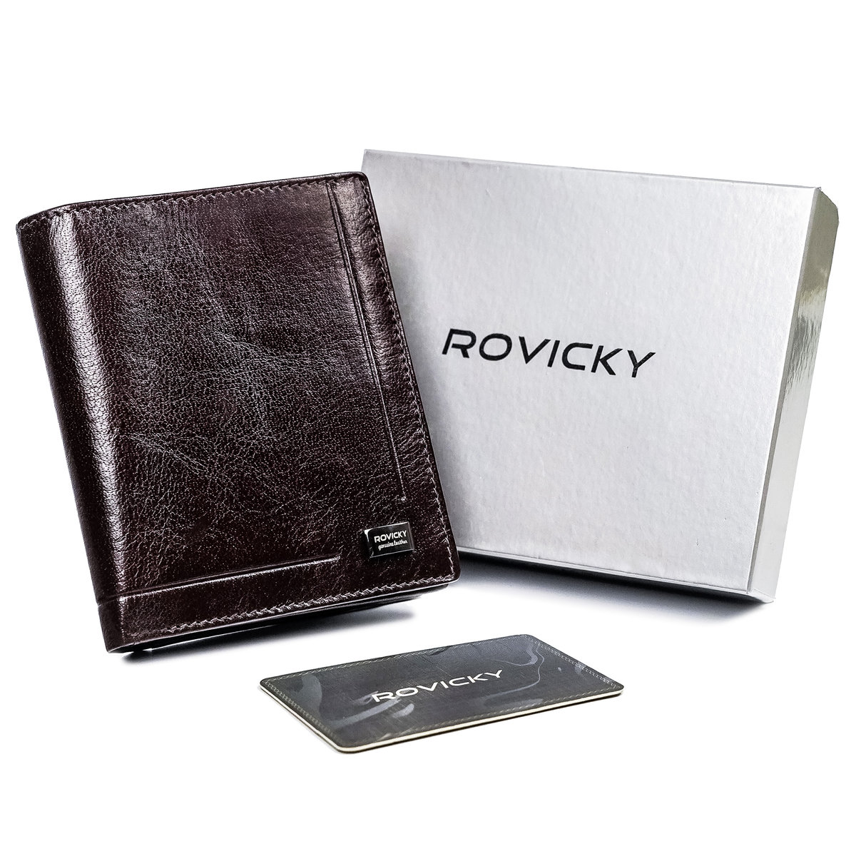 Skórzany męski portfel Rovicky bez zapięcia z ochroną RFID portmonetka na karty, brązowy