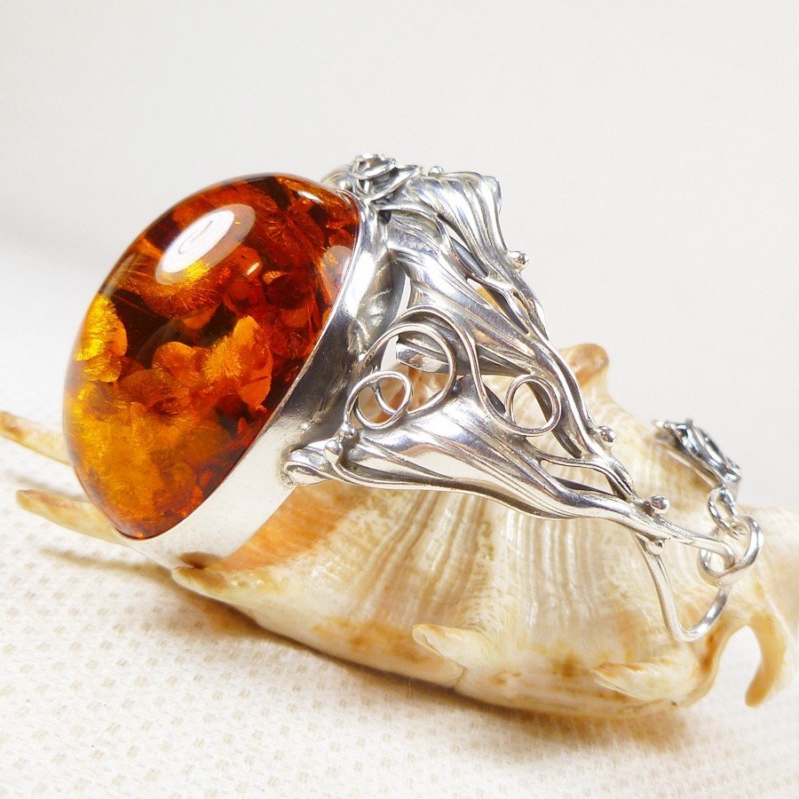 540-22 Bransoleta Srebro z Bursztynem -HAND MADE-