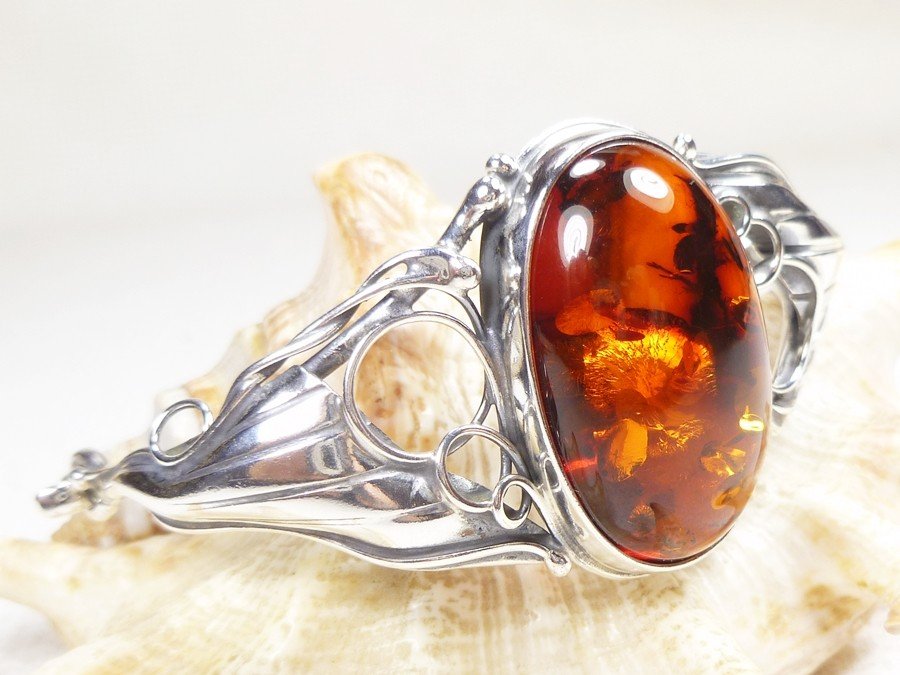 525-12 Bransoleta Srebro z Bursztynem -HAND MADE-