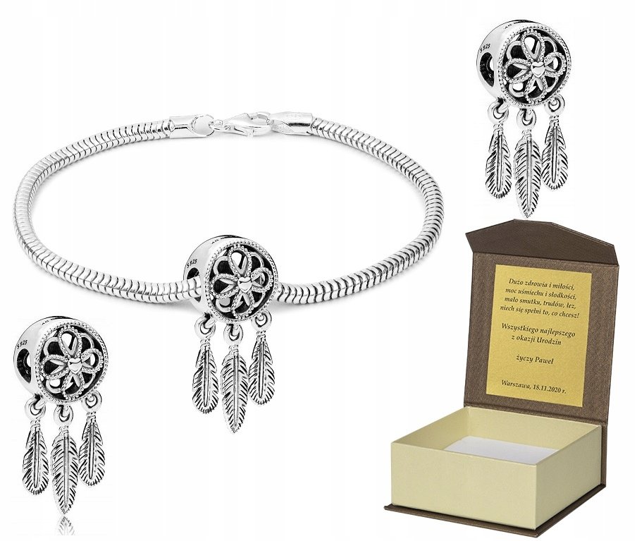 Bransoletka srebrna + CHARMS ŁAPACZ SNÓW 19 cm + DEDYKACJA B139