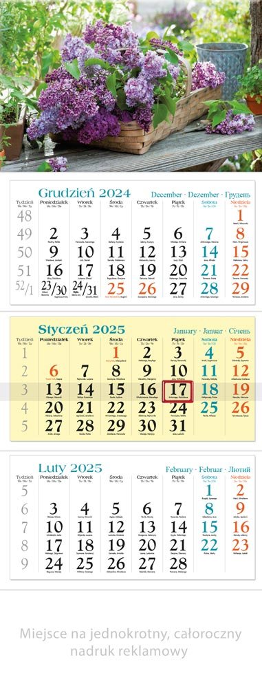 Kalendarz ścienny trójdzielny 2025 Bez