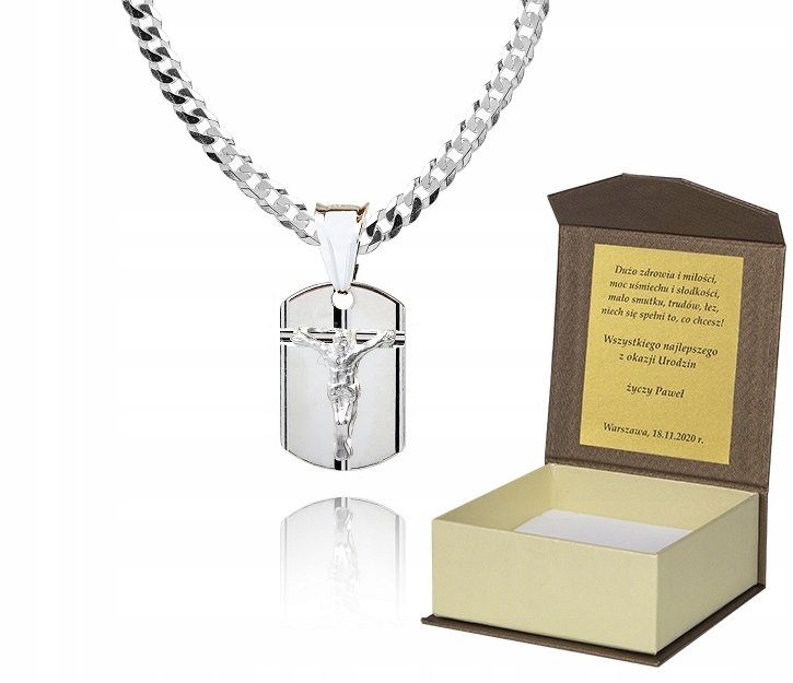 Srebrny łańcuszek męski diamentowany medalik DEDYKACJA 50 cm P2M1