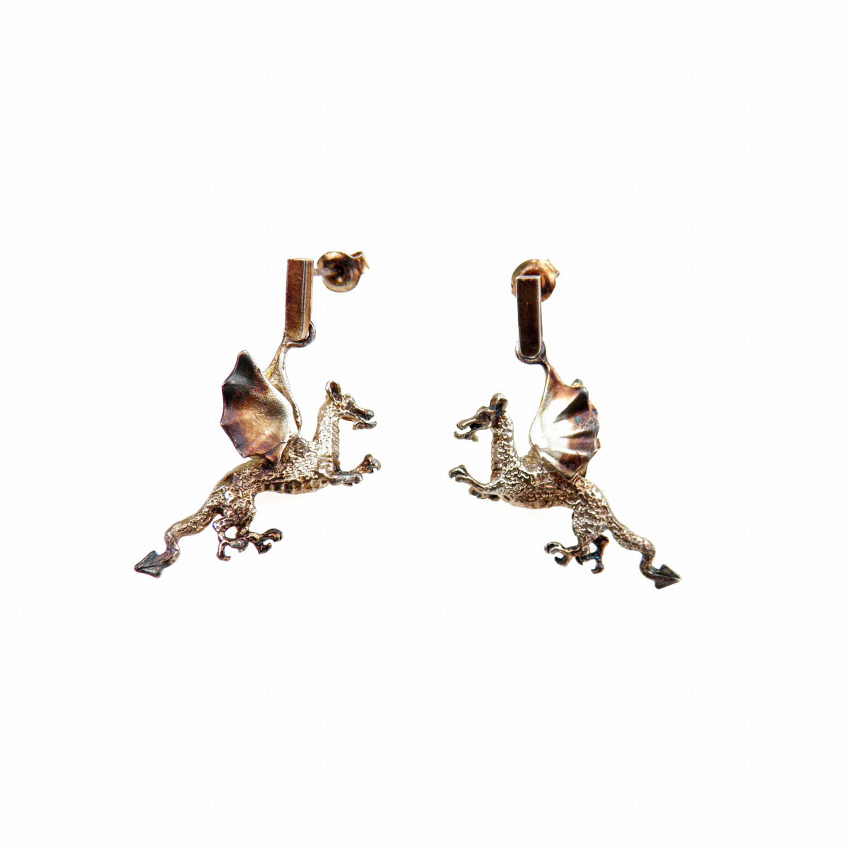 Smok wawelski brązowy - kolczyki srebrne na sztyftach