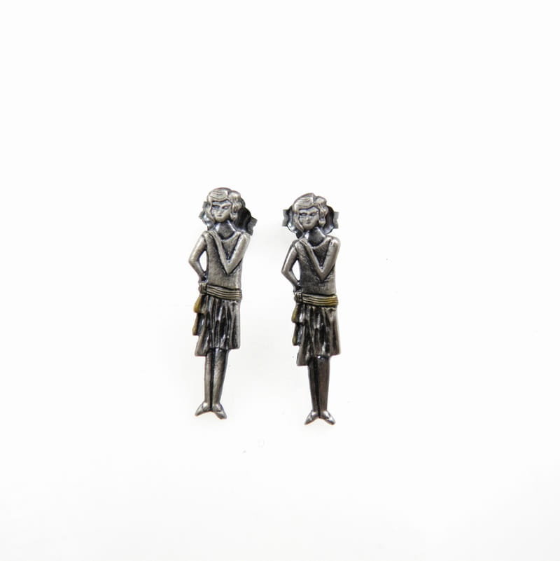 Kolczyki srebrne - Małe oksydowane damy retro na sztyftach