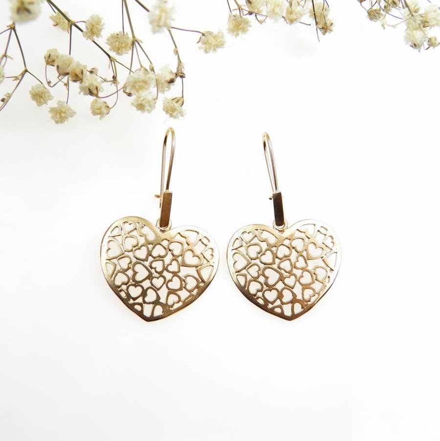 Srebrne kolczyki pozłacane - Ażurowe serduszka