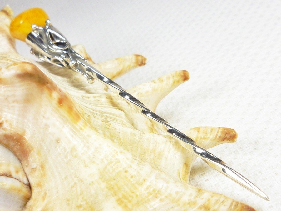 8080-63 Szpilka Srebro z Bursztynem -HAND MADE-