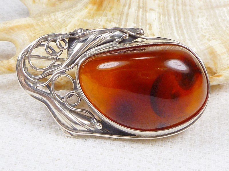 420-38 Broszka Srebro z Bursztynem -HAND MADE-