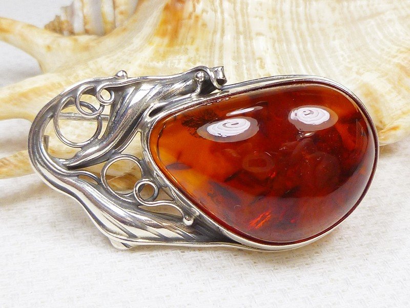 420-39 Broszka Srebro z Bursztynem -HAND MADE-