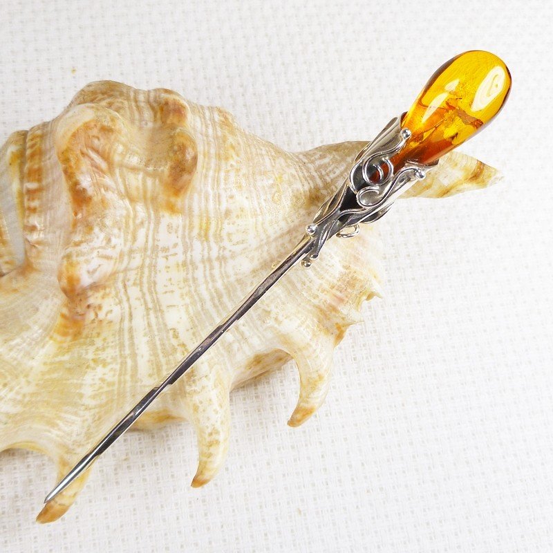8080-61 Szpilka Srebro z Bursztynem -HAND MADE-