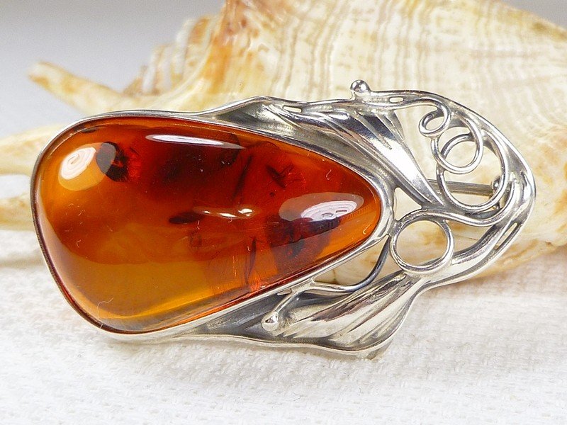 420-36 Broszka Srebro z Bursztynem -HAND MADE-