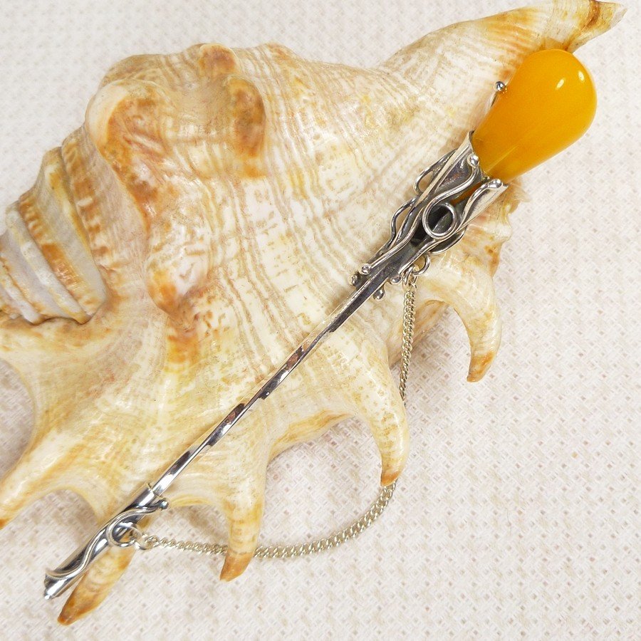 808-42 Szpilka Srebro z Bursztynem -HAND MADE-