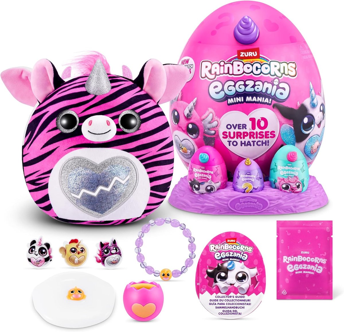 RAINBOCORNS EGGZANIA MINI MANIA Zebra Jajko z pluszowym jednorożcem + 3 mini jajeczka + żółtko