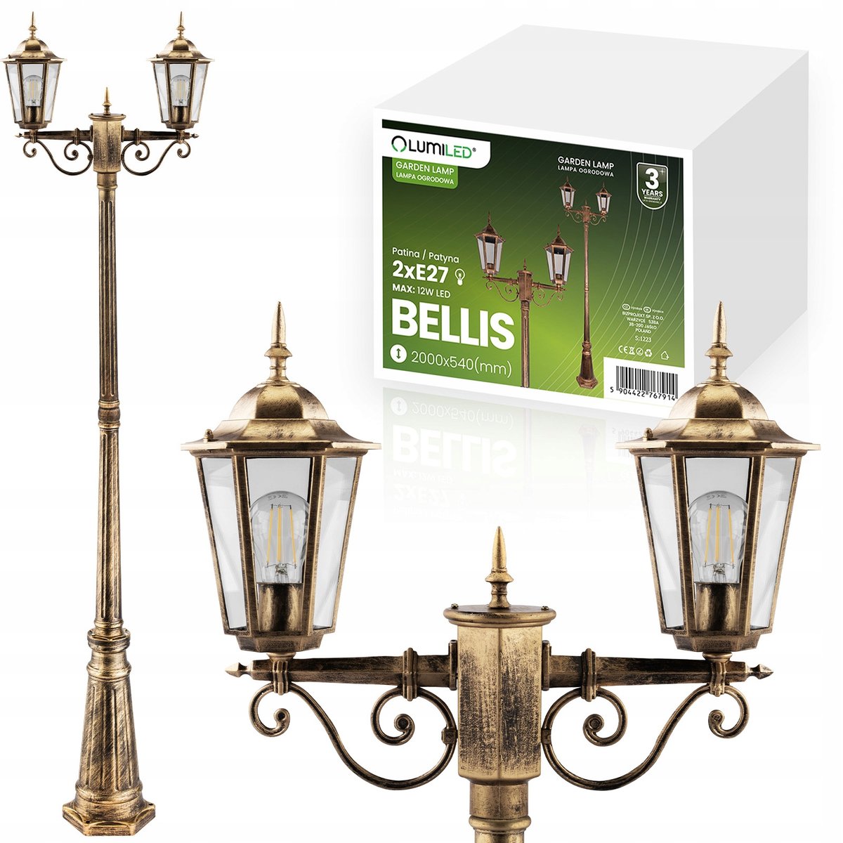 Lampa Ogrodowa Zewnętrzna Stojąca LATARNIA PARKOWA SŁUPEK 2m LED 2x E27