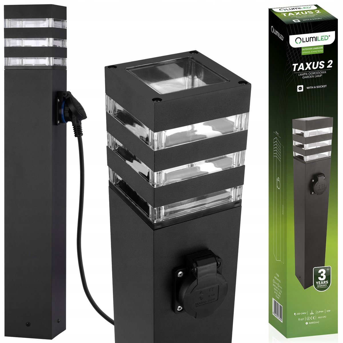 Lampa Ogrodowa E27 LED Stojąca ZEWNĘTRZNA SŁUPEK 60cm z GNIAZDEM 230V