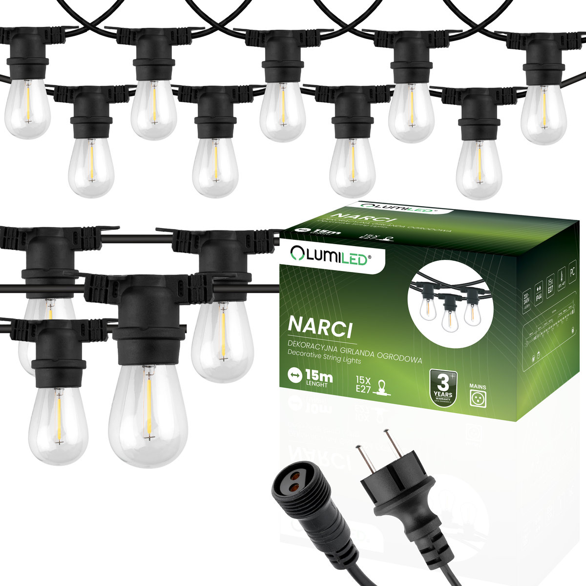 Girlanda Ogrodowa Zewnętrzna Łańcuch Świetlny Ozdobny 15x Żarówka LED 15m