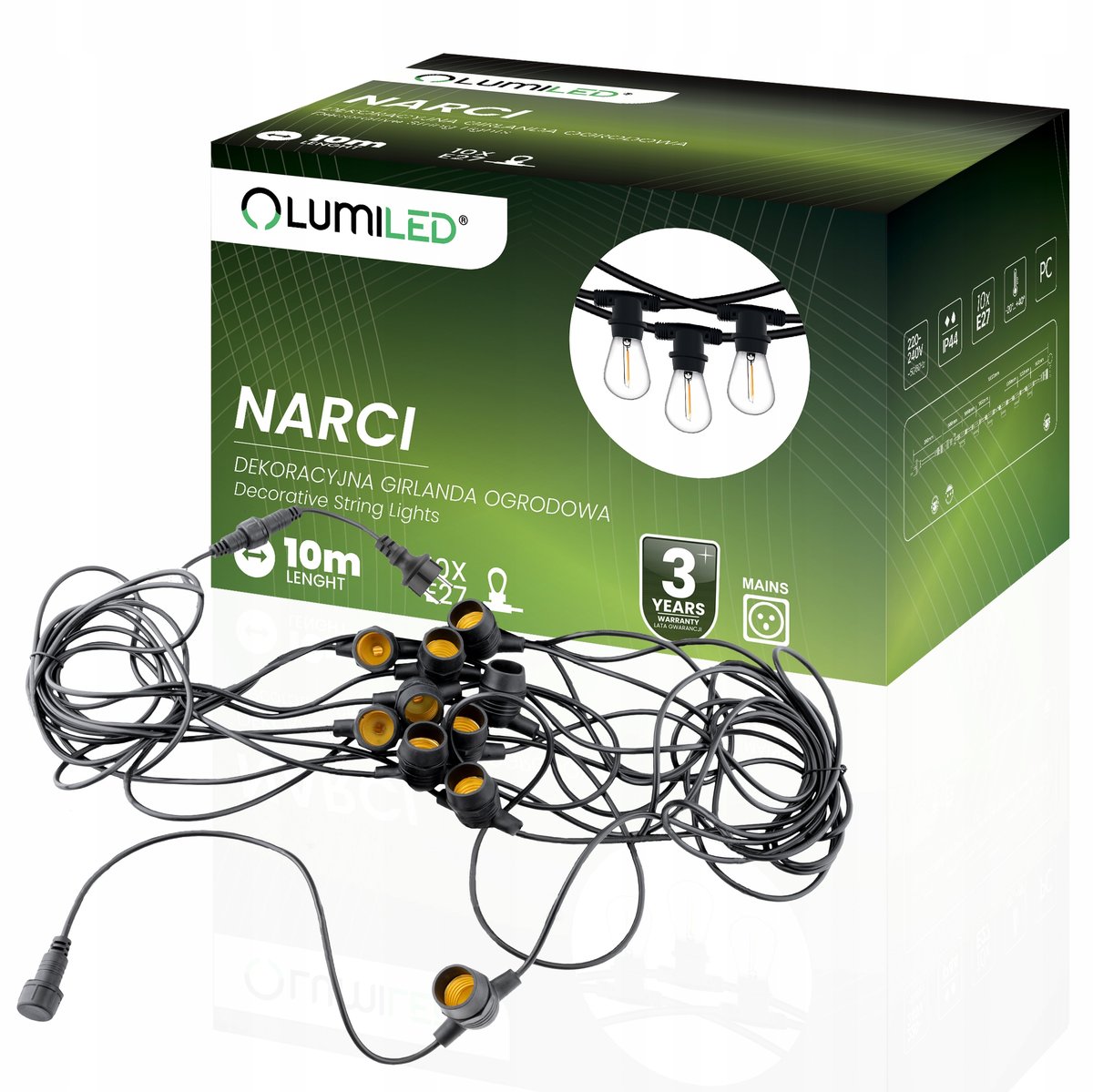Girlanda Ogrodowa Zewnętrzna Łańcuch Świetlny Ozdobny 10m 10x E27 Lumiled