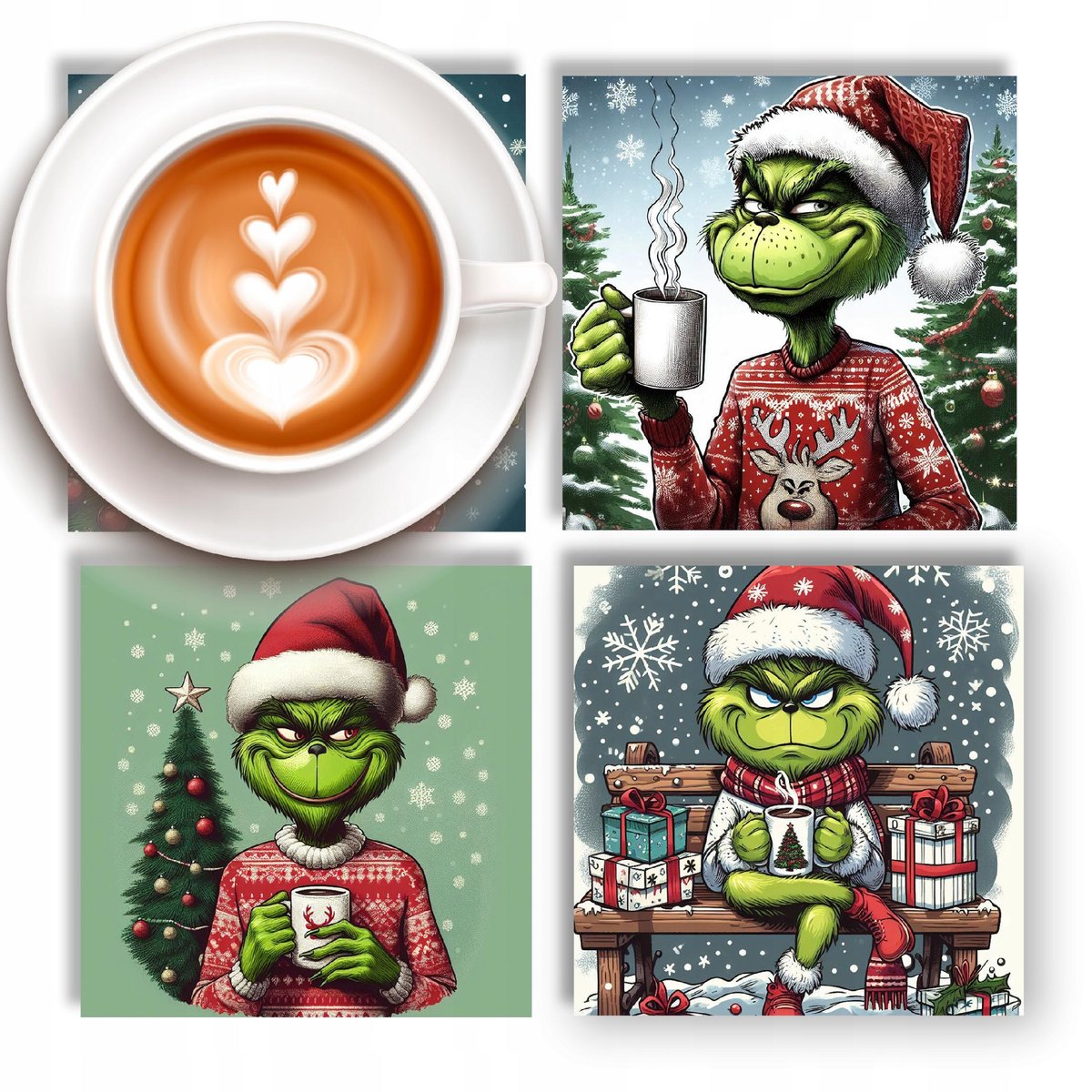 ZESTAW 4 SZKLANYCH PODKŁADEK POD KUBEK SZKLANKĘ ŚWIĄTECZNY MOTYW GRINCH