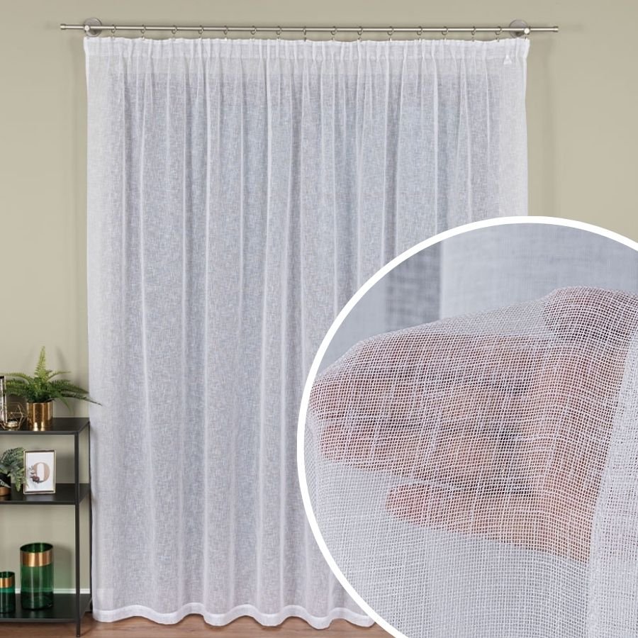 Gotowa firanka do salonu z etaminy na taśmie kolor biały rozmiar 300x250 cm