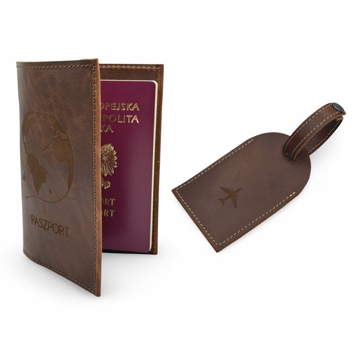 Zestaw Dla Podróżnika - Etui na Paszport + Identyfikator - Skóra naturalna