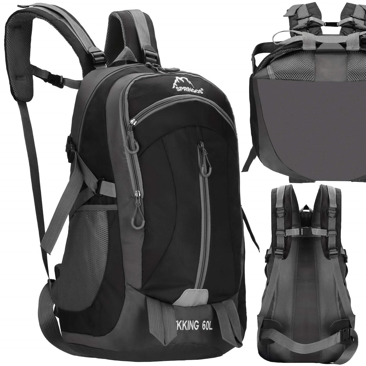 Plecak trekkingowy 60 L turystyczny survival, z osłoną przeciwdeszczową czarno-szary