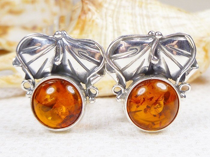 302-1 Klipsy Srebro z Bursztynem  -HAND MADE-