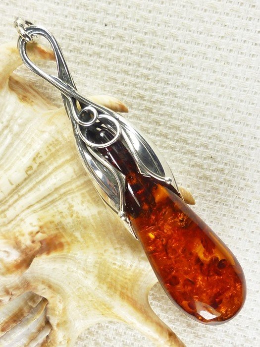 640-13 Wisiorek Srebro z Bursztynem -HAND MADE-