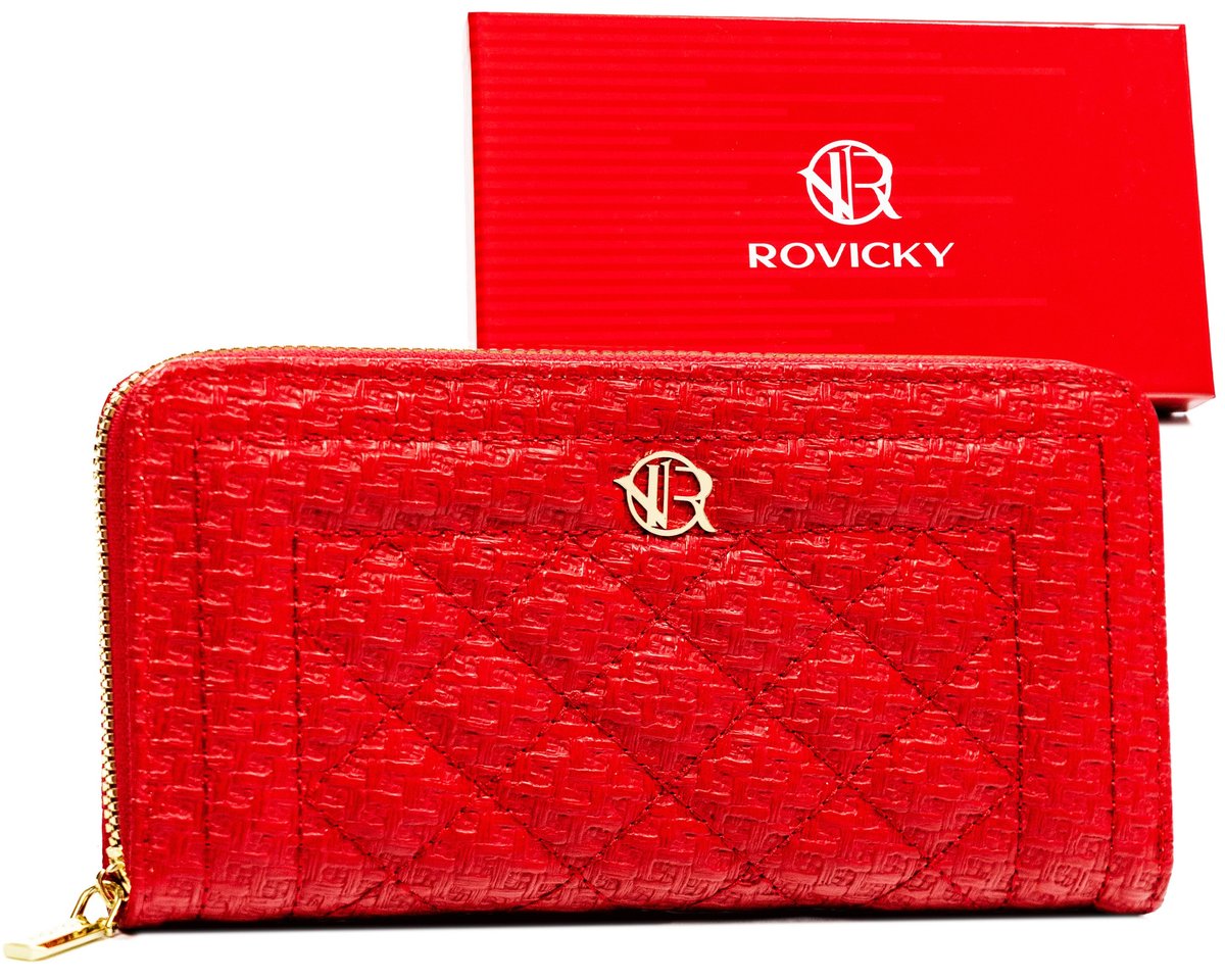 Portfel damski Rovicky piórnik na suwak elegancka portmonetka na karty i gotówkę, czerwony