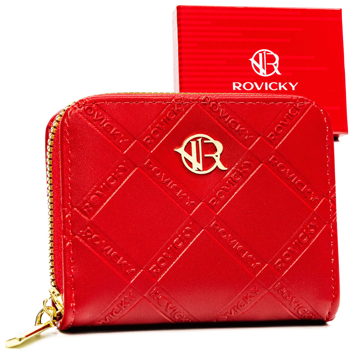 Portfel damski Rovicky logo portmonetka na suwak piórnik na dokumenty i gotówkę, czerwony
