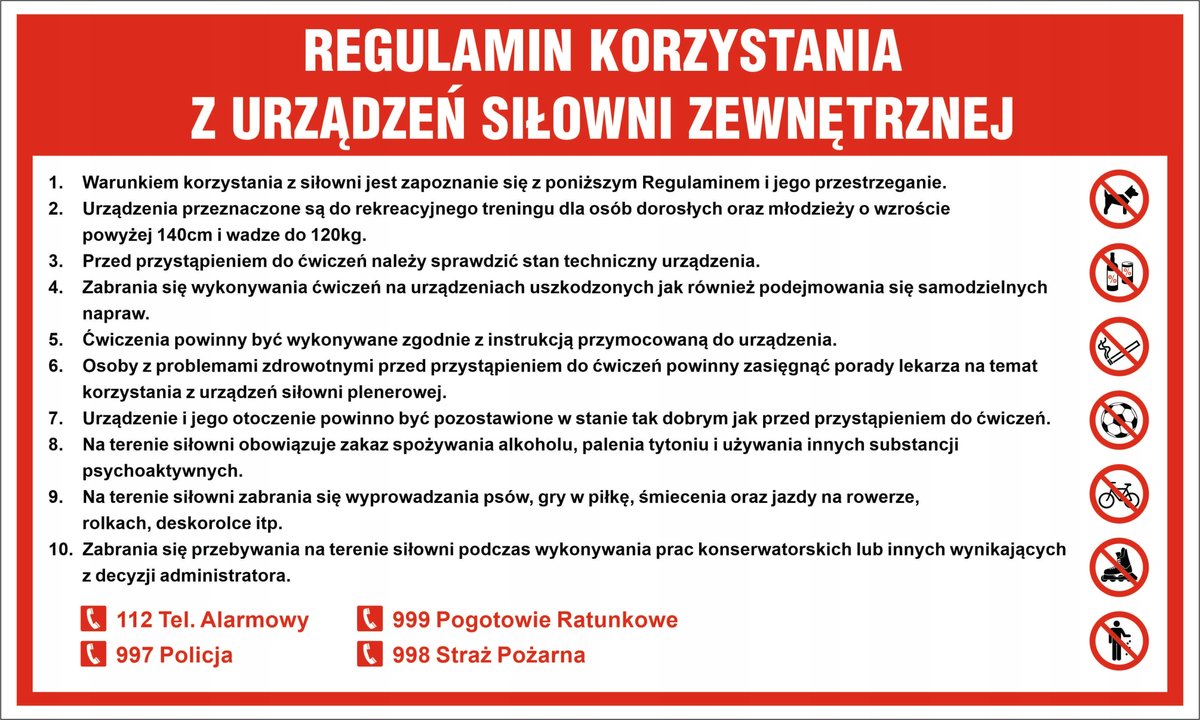 Tablica REGULAMIN SIŁOWNI ZEWNĘTRZNEJ, PLENEROWEJ 7 - 75x125cm PCV 5mm