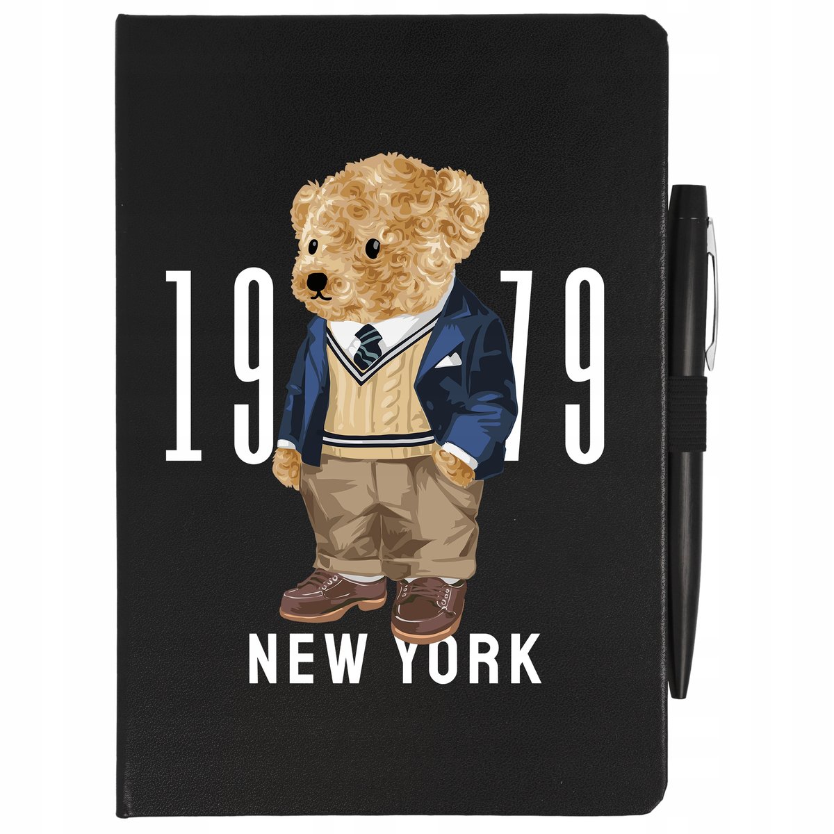 NOTES CZARNY A5 LINIA+ DŁUGOPIS NEW YORK MIŚ Wzory