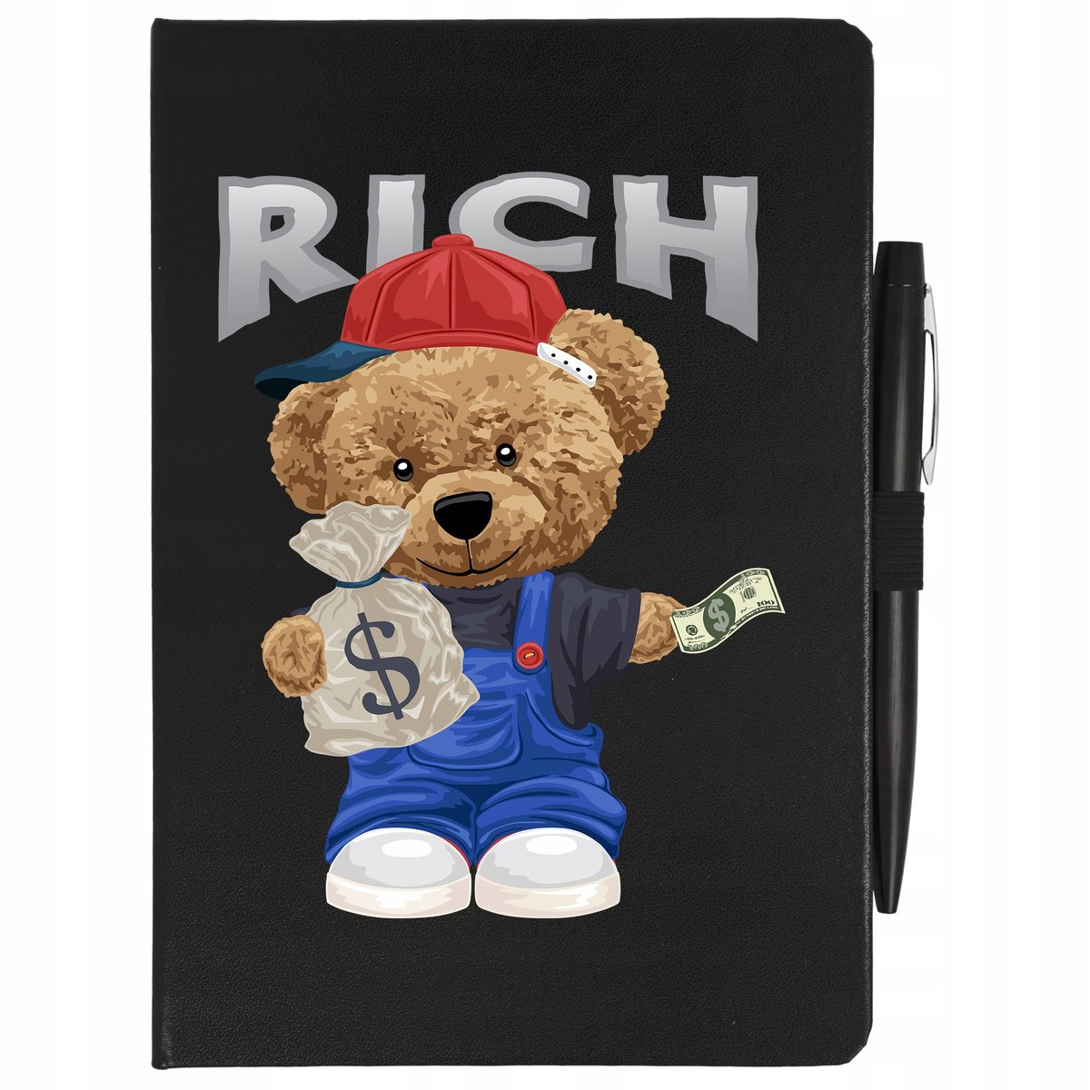 NOTES CZARNY A5 LINIA+ DŁUGOPIS BOGATY MIŚ Wzory