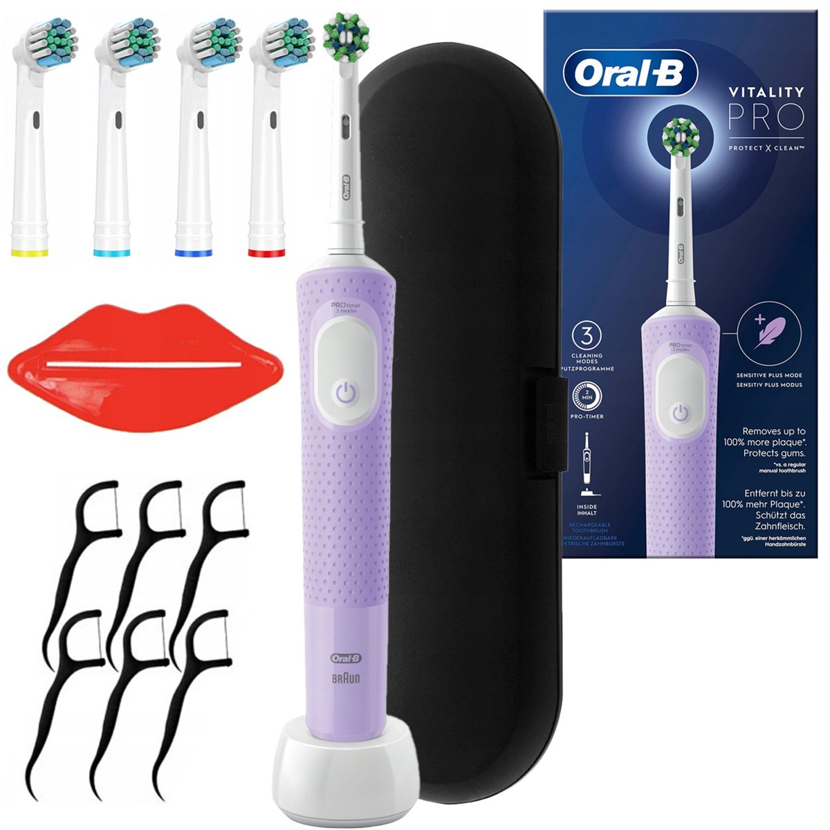 Oral-B Vitality Pro D103 Lilac Violet + końcówki zamienne + etui czarne + wykałączki + usta