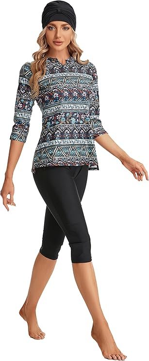 NadamuSun Wzorzysty Strój Kąpielowy dla Kobiet z Rękawem 3/4, 4XL