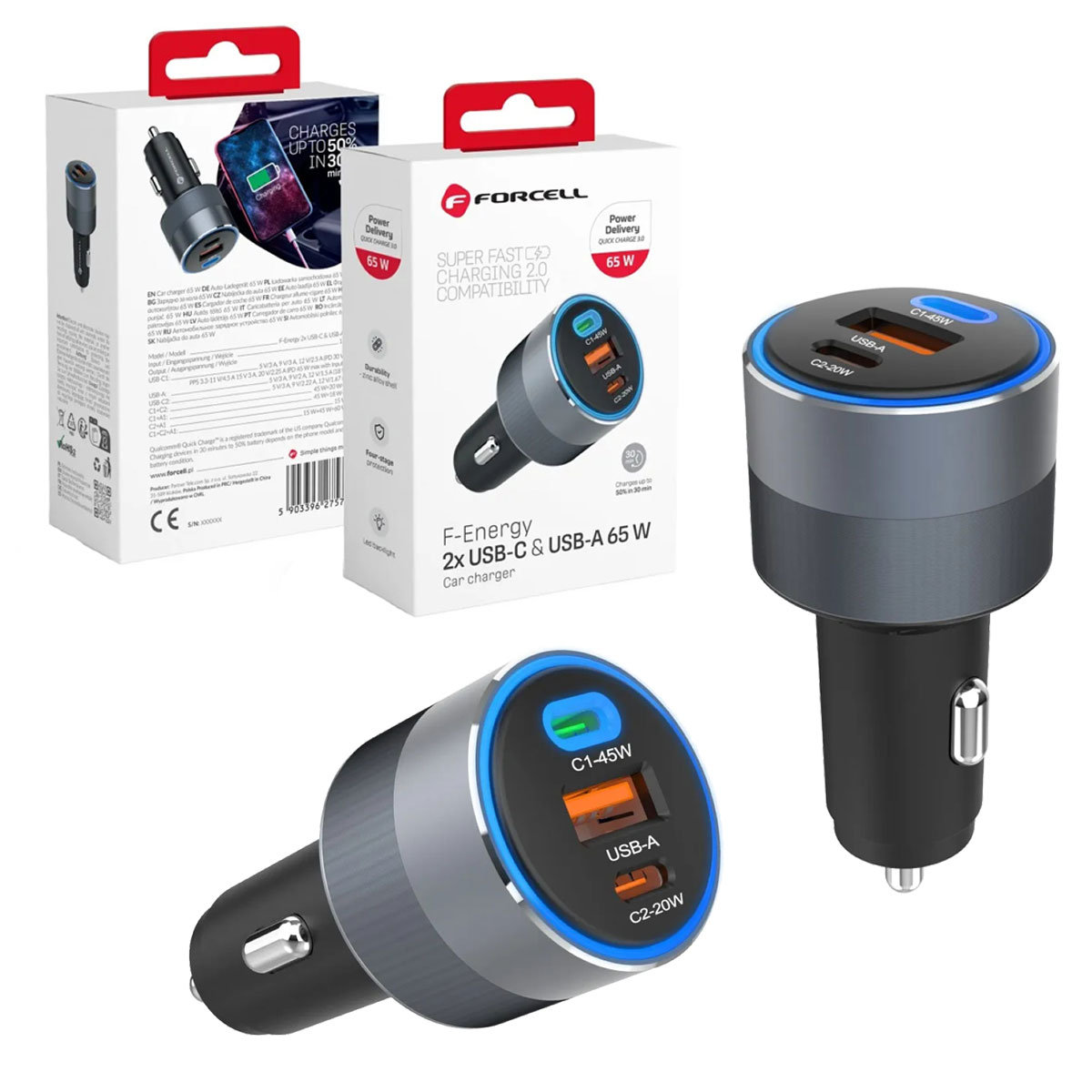 Ładowarka samochodowa do zapalniczki QC 3.0 2x USB-C USB-A zasilacz 65W