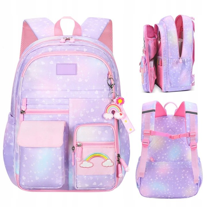 PLECAK SZKOLNY DLA DZIEWCZYNKI rainbow  POJEMNY TORNISTER RÓŻOWO FIOLETOWY