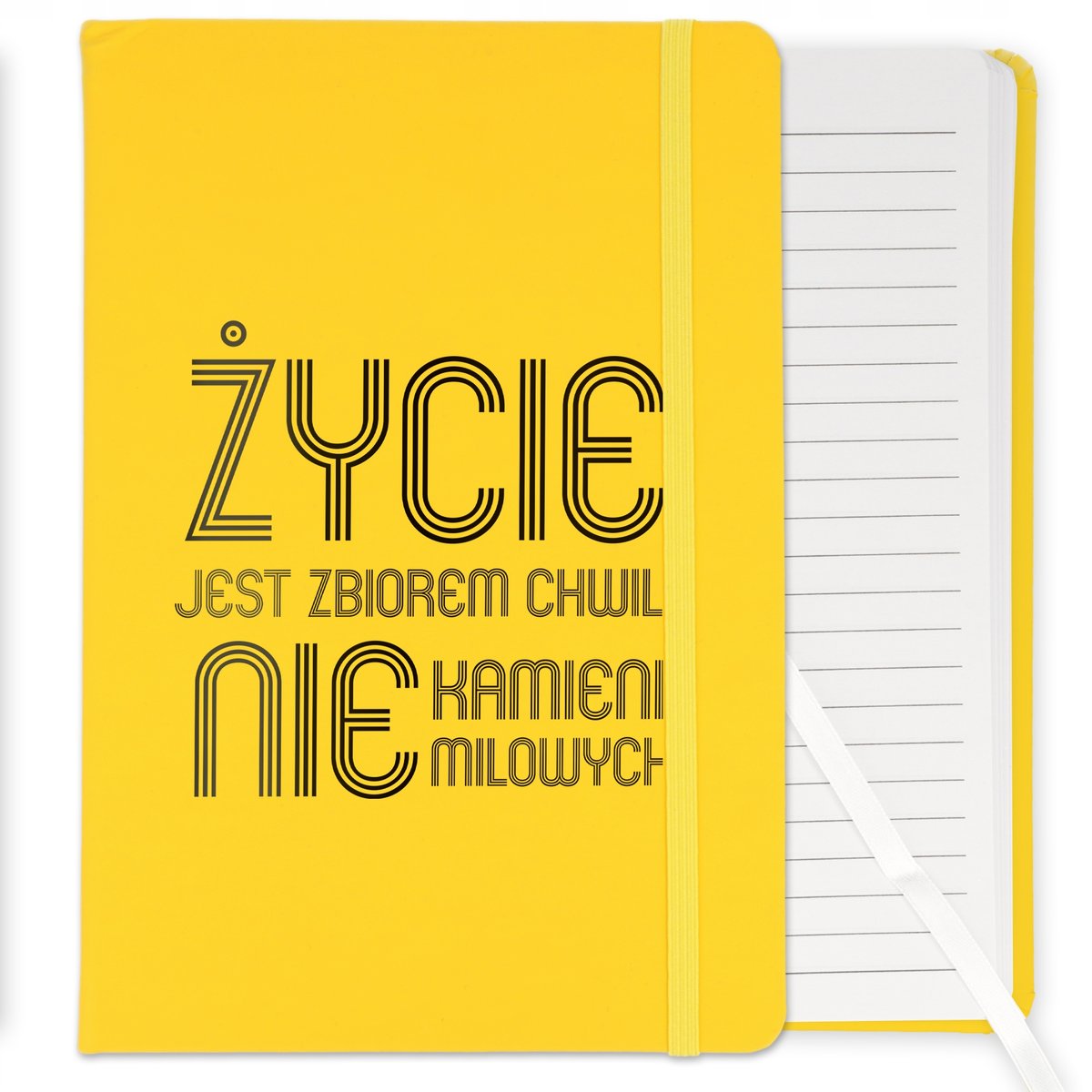 NOTES ŻÓŁTY Z GUMKĄ A5 W LINIE SLEEKING ŻYCIE JEST ZBIOREM CHWIL BLACK