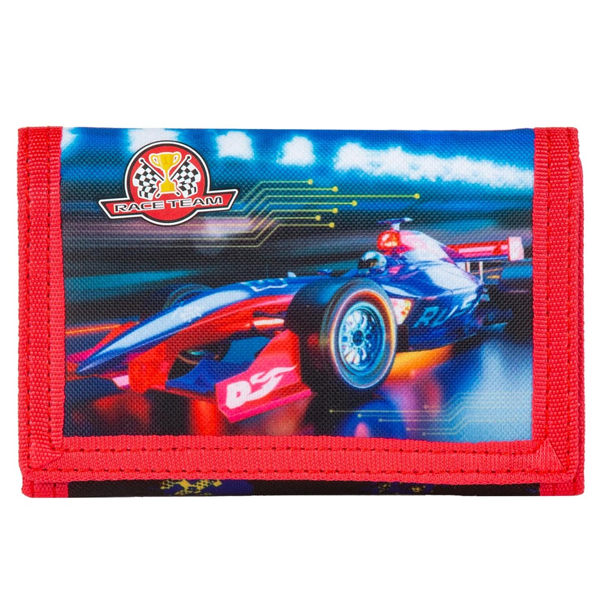 Portfel dla chłopca młodzieżowy składany Samochód wyścigowy F1 niebieski