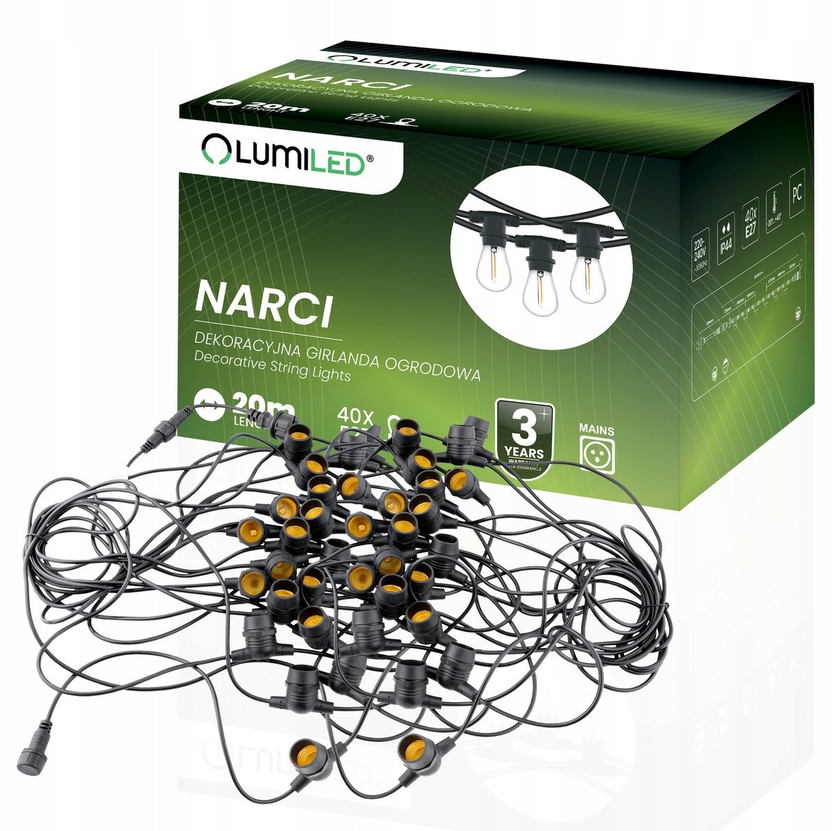 Girlanda Ogrodowa Zewnętrzna Łańcuch Świetlny Ozdobny 20m 40x E27 Lumiled