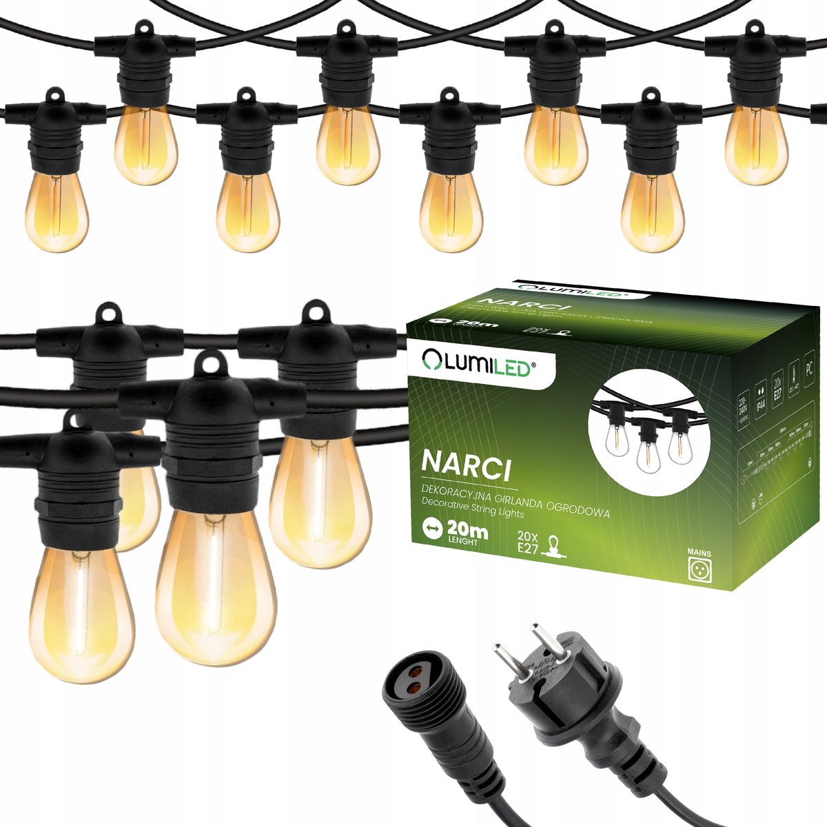Girlanda Ogrodowa ZEWNĘTRZNA ŁAŃCUCH ŚWIETLNY 20m + 20 LED E27 ŻARÓWKI