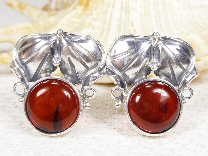 802-2 Spinki Srebro z Bursztynem -HAND MADE-
