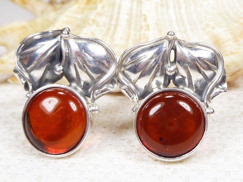 802-9 Spinki Srebro z Bursztynem -HAND MADE-
