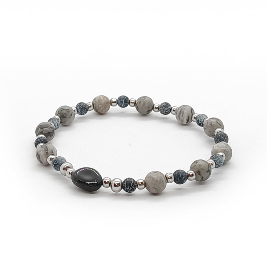 Bransoletka kamienie Turmalin, Jaspis, Agat i Stal chir. - 15,5cm KAM534