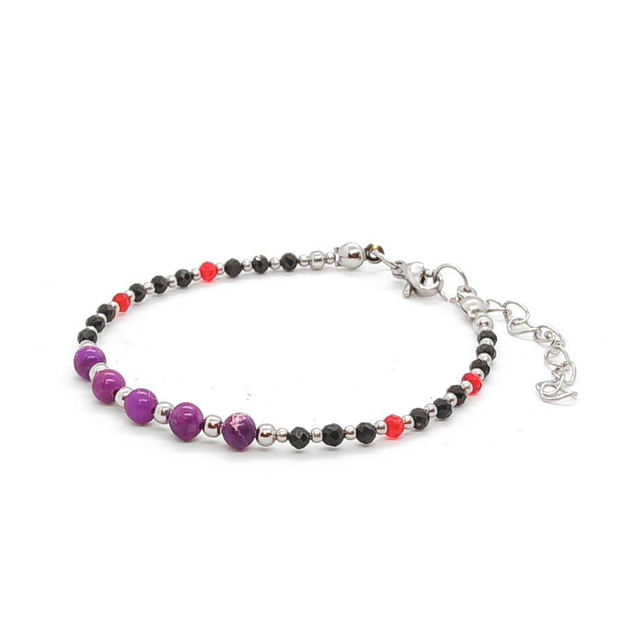 Bransoletka Czarny Turmalin, Czerwony Spinel, Jaspis cesarski 16,5-20,5cm KAM665 stal chir.