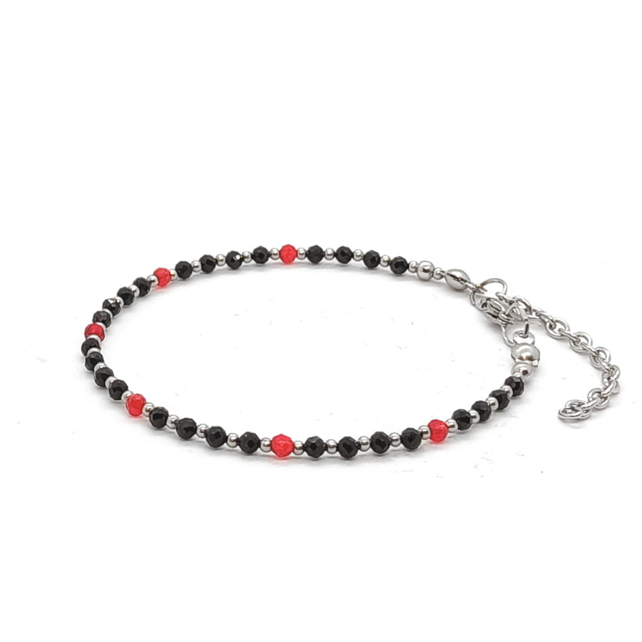 Bransoletka Czarny Turmalin, Czerwony Spinel - kamienie naturalne 17-21cm KAM663 stal chir.