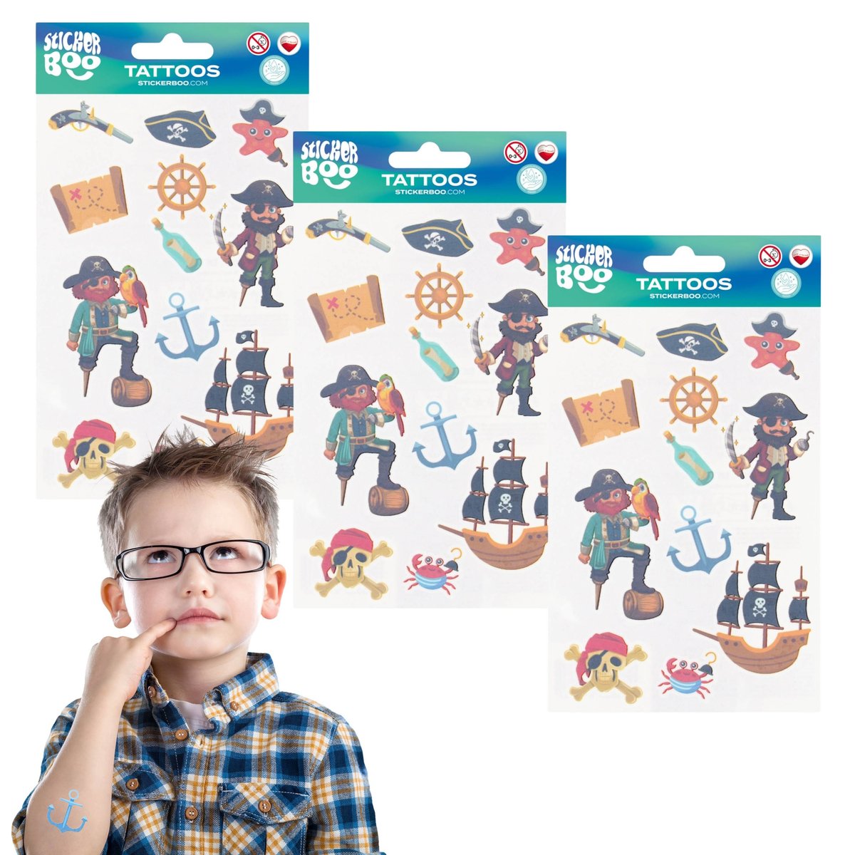 Piraci Zestaw tatuaży dla dzieci, tatuaże dla dzieci zmywalne x3