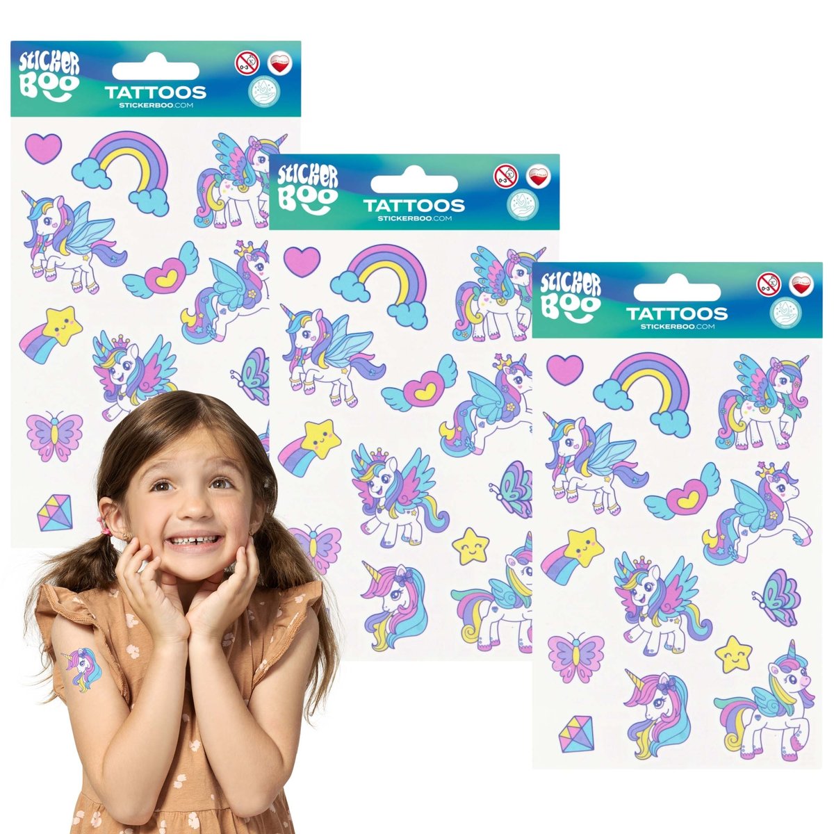 Jednorożec Zestaw tatuaży dla dzieci, tatuaże dla dzieci zmywalne x3